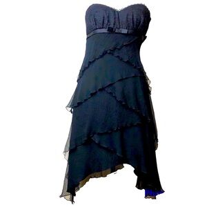 Laundry by Shelli Segal 100% Silk Black Strapless Chiffon Ruffled Mini Dress